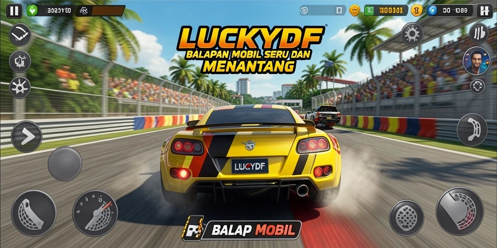 Antarmuka LUCKYDF dengan mobil balap yang siap berlaga.